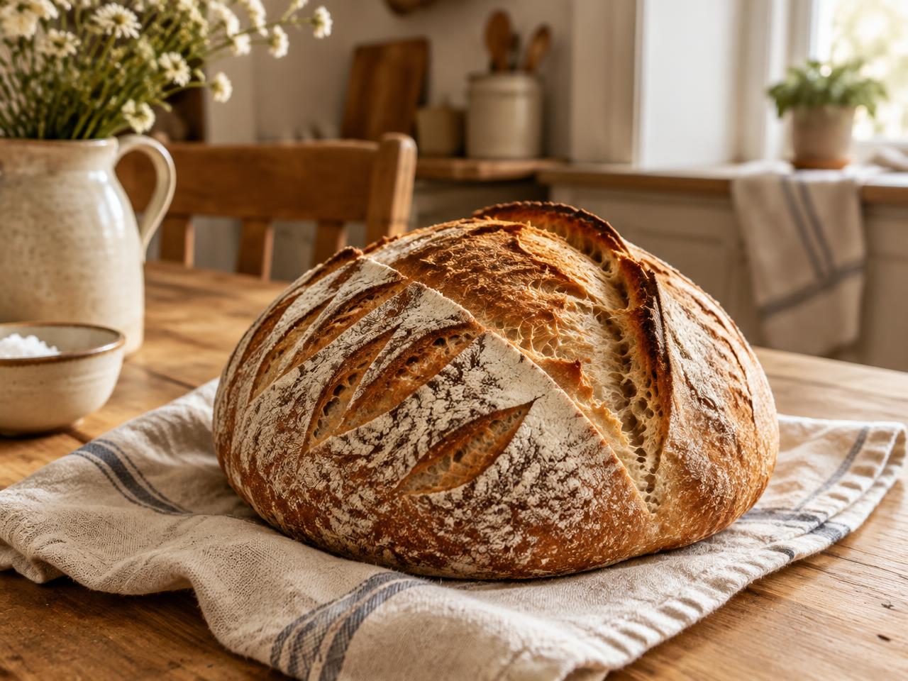 Freshly scored sourdough loaf on a linen towel